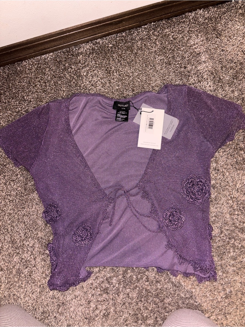 Outcast Purple Cropped Tie-Front Knit Top